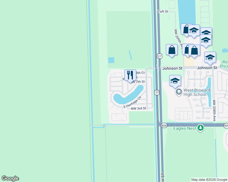 map of restaurants, bars, coffee shops, grocery stores, and more near 511 Heritage Circle in Pembroke Pines