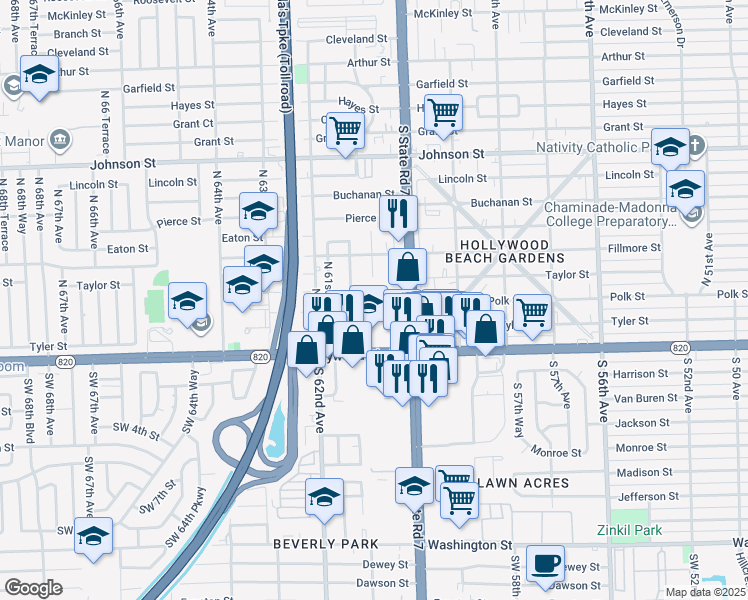 map of restaurants, bars, coffee shops, grocery stores, and more near 6041 Duval Street in Hollywood