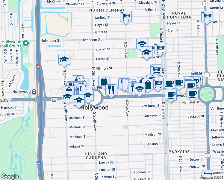 map of restaurants, bars, coffee shops, grocery stores, and more near 2475 Hollywood Boulevard in Hollywood