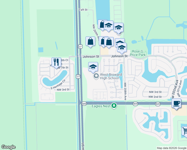 map of restaurants, bars, coffee shops, grocery stores, and more near 500 Northwest 209th Avenue in Pembroke Pines