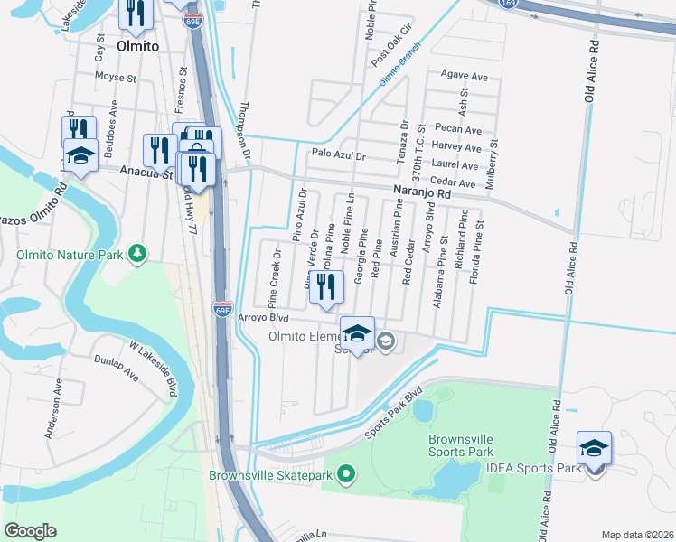 map of restaurants, bars, coffee shops, grocery stores, and more near 6657 Georgia Pine in Brownsville