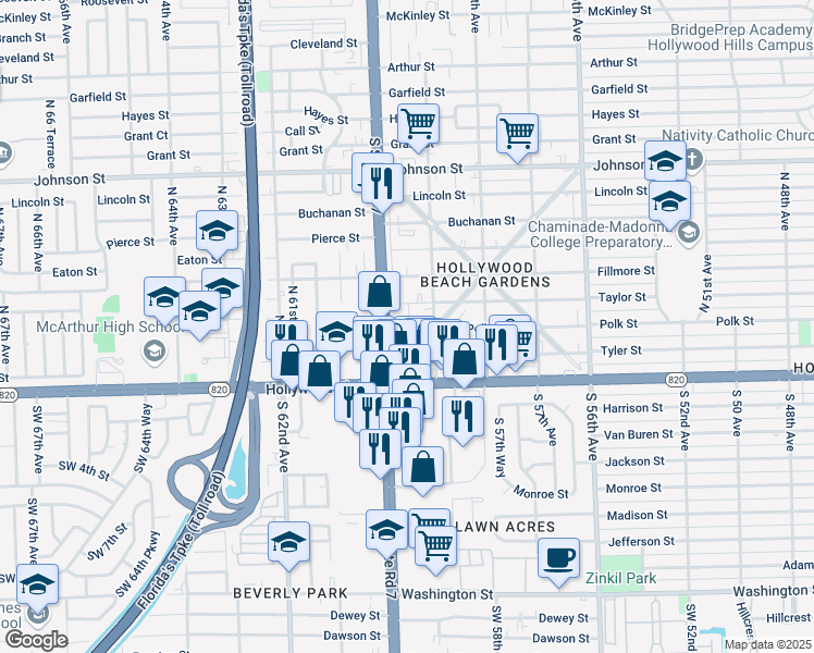 map of restaurants, bars, coffee shops, grocery stores, and more near 213 Columbus Parkway in Hollywood