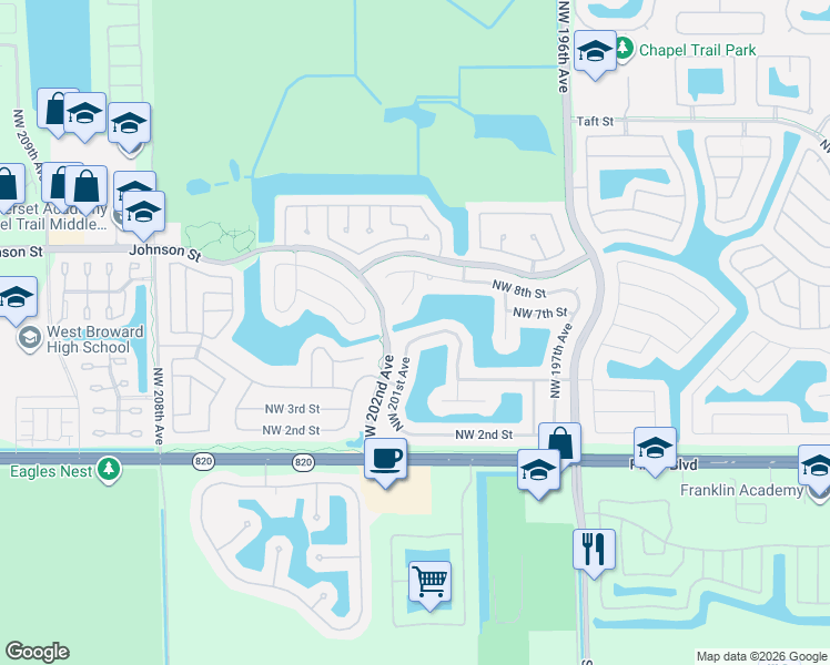 map of restaurants, bars, coffee shops, grocery stores, and more near 20050 Northwest 5th Street in Pembroke Pines