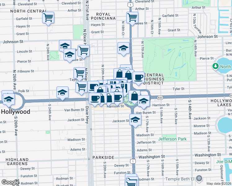map of restaurants, bars, coffee shops, grocery stores, and more near 1885 Hollywood Boulevard in Hollywood