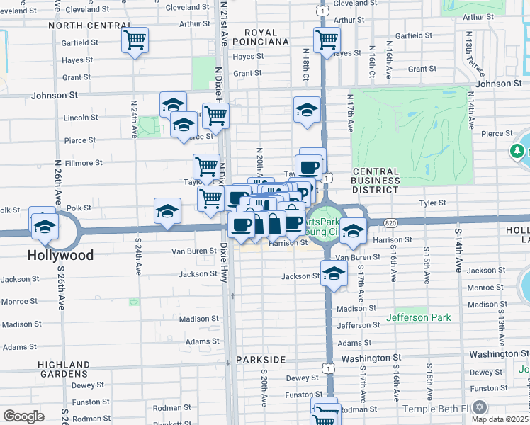 map of restaurants, bars, coffee shops, grocery stores, and more near 1937 Florida 820 in Hollywood