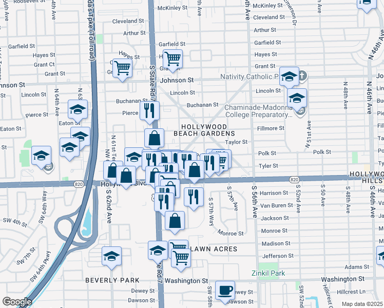 map of restaurants, bars, coffee shops, grocery stores, and more near 5819 Polk Street in Hollywood