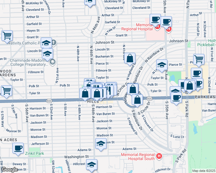 map of restaurants, bars, coffee shops, grocery stores, and more near 4311 Tyler Street in Hollywood