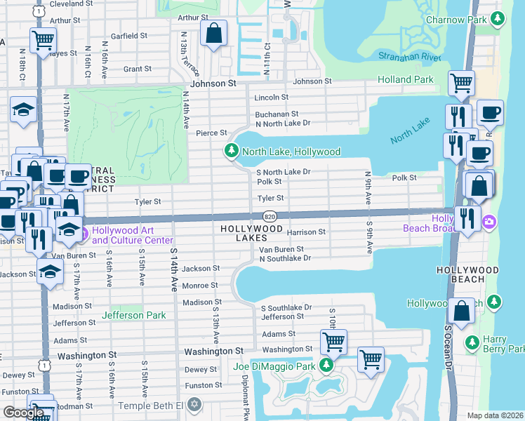 map of restaurants, bars, coffee shops, grocery stores, and more near 1156 Hollywood Boulevard in Hollywood