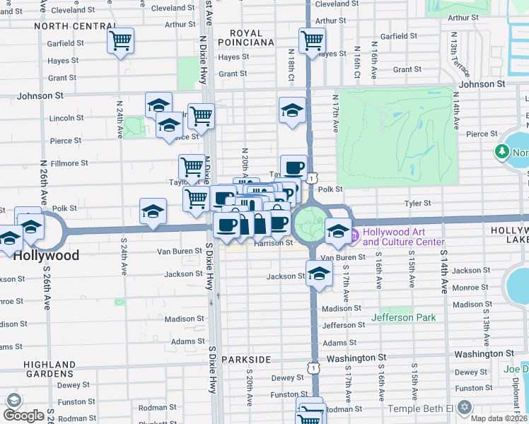 map of restaurants, bars, coffee shops, grocery stores, and more near 1937 Florida 820 in Hollywood