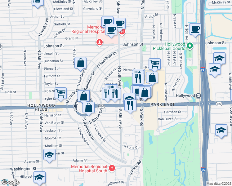 map of restaurants, bars, coffee shops, grocery stores, and more near 3513 Tyler Street in Hollywood