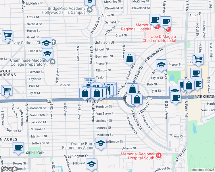 map of restaurants, bars, coffee shops, grocery stores, and more near 4311 Tyler Street in Hollywood