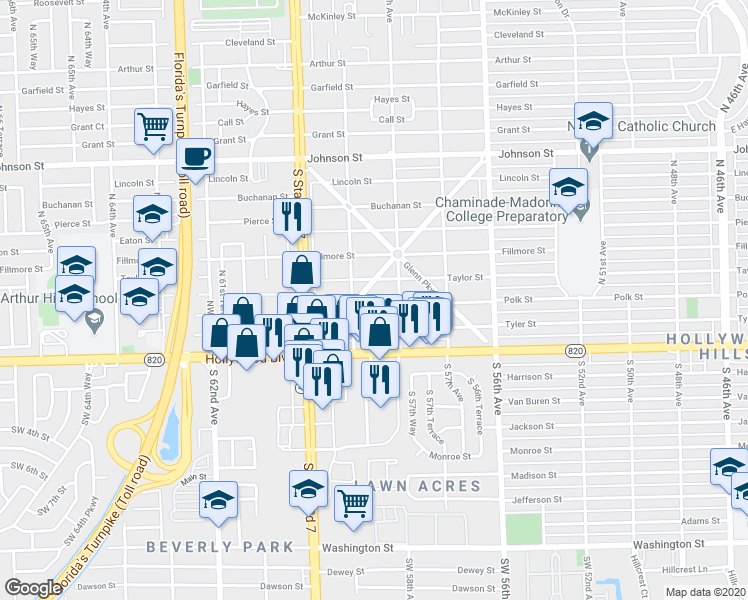 map of restaurants, bars, coffee shops, grocery stores, and more near 5832 Polk Street in Hollywood