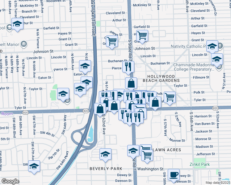 map of restaurants, bars, coffee shops, grocery stores, and more near 6041 Duval Street in Hollywood