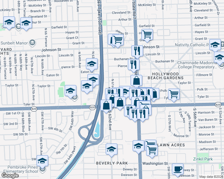 map of restaurants, bars, coffee shops, grocery stores, and more near 215 North 61st Terrace in Hollywood
