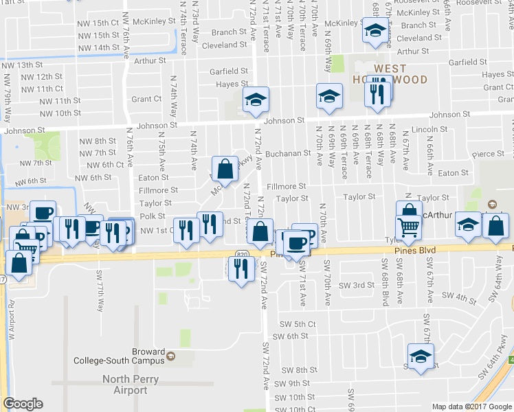 map of restaurants, bars, coffee shops, grocery stores, and more near 200 North 72nd Avenue in Hollywood