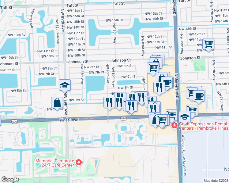 map of restaurants, bars, coffee shops, grocery stores, and more near 8581 Northwest 3rd Street in Pembroke Pines
