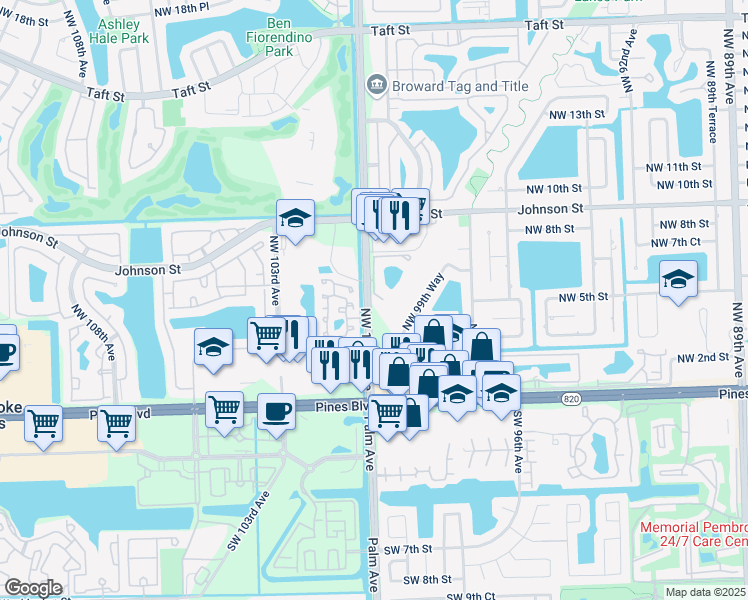 map of restaurants, bars, coffee shops, grocery stores, and more near 371 Northwest 101st Terrace in Pembroke Pines