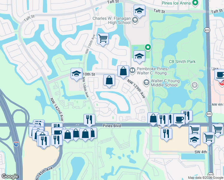 map of restaurants, bars, coffee shops, grocery stores, and more near 13192 Northwest 8th Street in Pembroke Pines