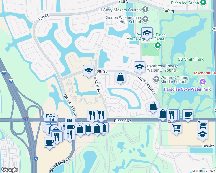 map of restaurants, bars, coffee shops, grocery stores, and more near 717 Northwest 135th Avenue in Pembroke Pines