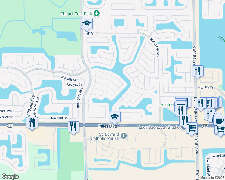 map of restaurants, bars, coffee shops, grocery stores, and more near 521 Northwest 193rd Avenue in Pembroke Pines