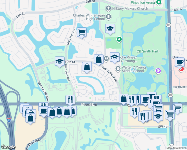 map of restaurants, bars, coffee shops, grocery stores, and more near 13083 Northwest 7th Street in Pembroke Pines