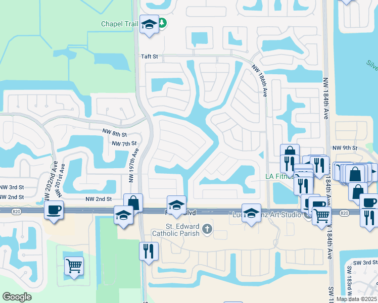 map of restaurants, bars, coffee shops, grocery stores, and more near 521 Northwest 193rd Avenue in Pembroke Pines