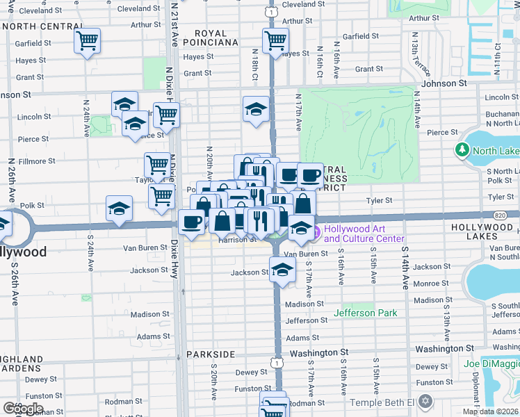 map of restaurants, bars, coffee shops, grocery stores, and more near North Young Circle in Hollywood