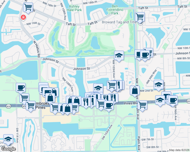 map of restaurants, bars, coffee shops, grocery stores, and more near 10576 Northwest 6th Street in Pembroke Pines