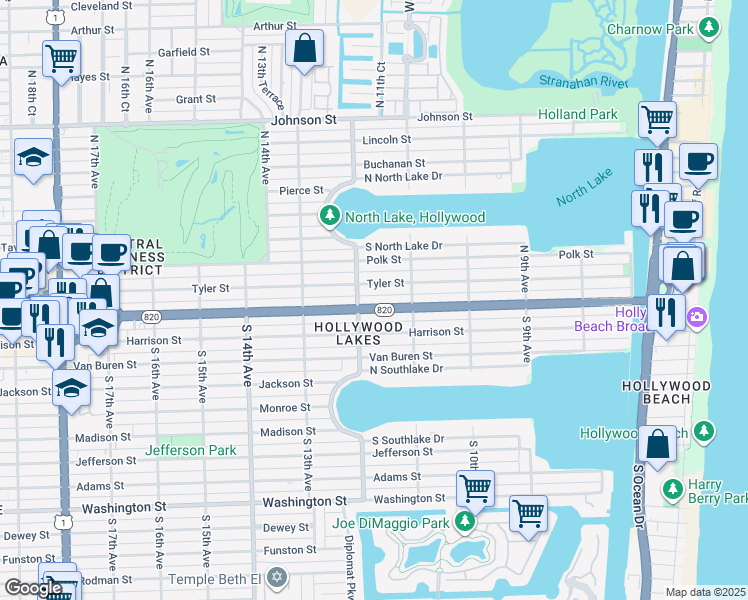 map of restaurants, bars, coffee shops, grocery stores, and more near 1156 Hollywood Boulevard in Hollywood