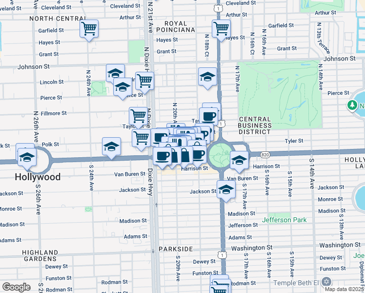 map of restaurants, bars, coffee shops, grocery stores, and more near 1937 Florida 820 in Hollywood