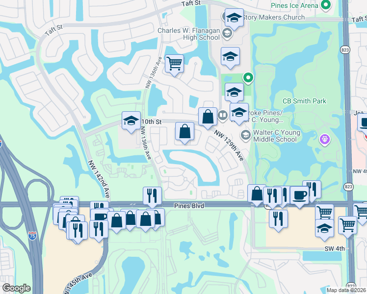 map of restaurants, bars, coffee shops, grocery stores, and more near 13192 Northwest 8th Street in Pembroke Pines
