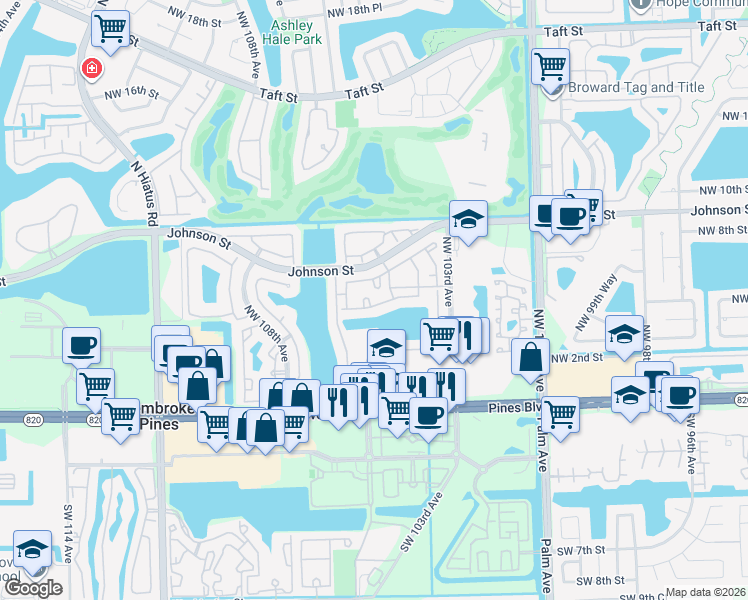 map of restaurants, bars, coffee shops, grocery stores, and more near 621 Northwest 105th Way in Pembroke Pines