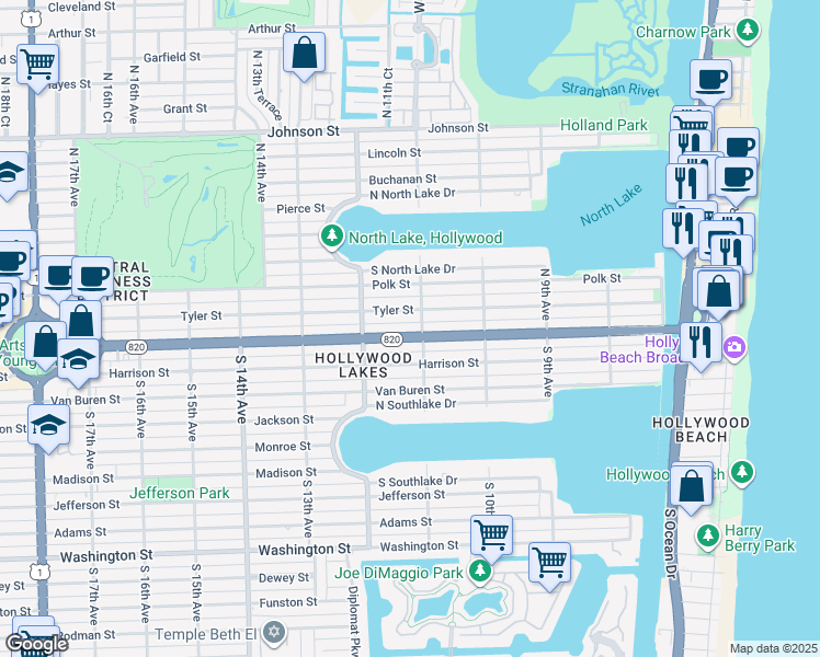 map of restaurants, bars, coffee shops, grocery stores, and more near 1112 Hollywood Boulevard in Hollywood
