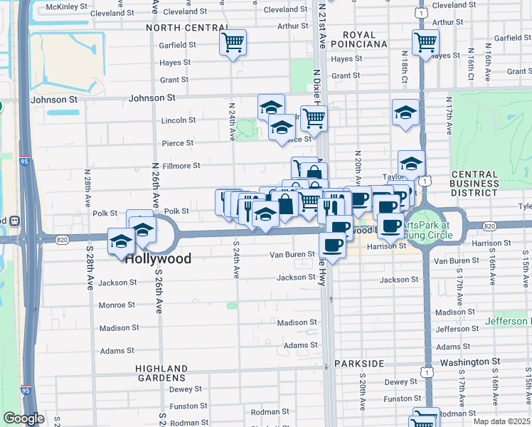 map of restaurants, bars, coffee shops, grocery stores, and more near 2235 Polk Street in Hollywood