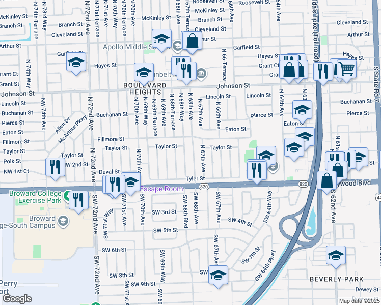 map of restaurants, bars, coffee shops, grocery stores, and more near 410 North 67th Avenue in Hollywood
