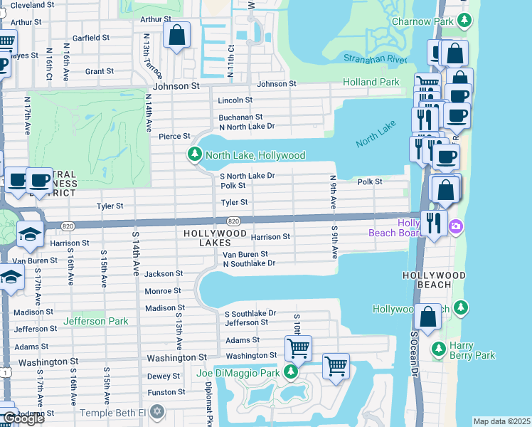 map of restaurants, bars, coffee shops, grocery stores, and more near 1037 Tyler Street in Hollywood