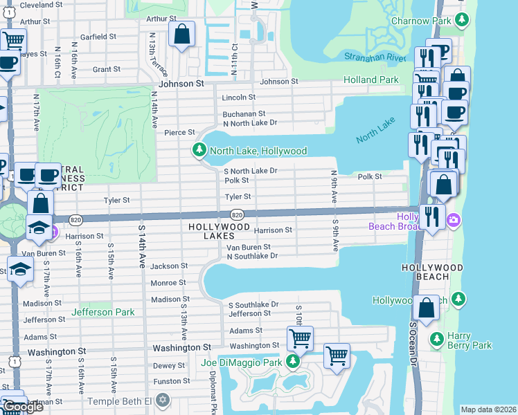 map of restaurants, bars, coffee shops, grocery stores, and more near 1111 Tyler Street in Hollywood