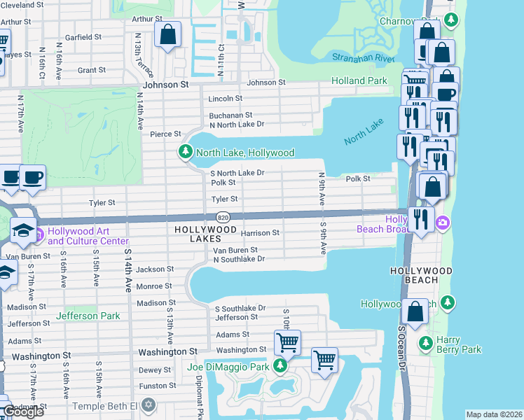 map of restaurants, bars, coffee shops, grocery stores, and more near 1037 Tyler Street in Hollywood