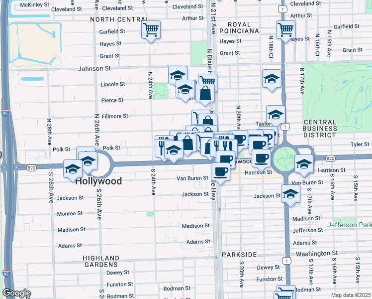 map of restaurants, bars, coffee shops, grocery stores, and more near 240 North Dixie Highway in Hollywood