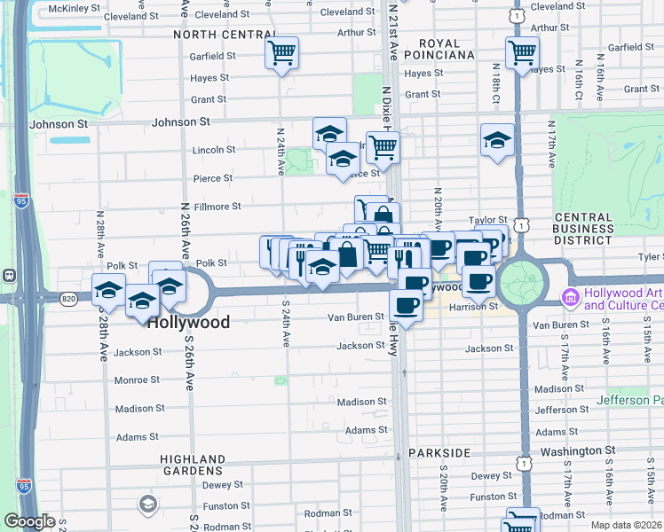 map of restaurants, bars, coffee shops, grocery stores, and more near 2235 Polk Street in Hollywood