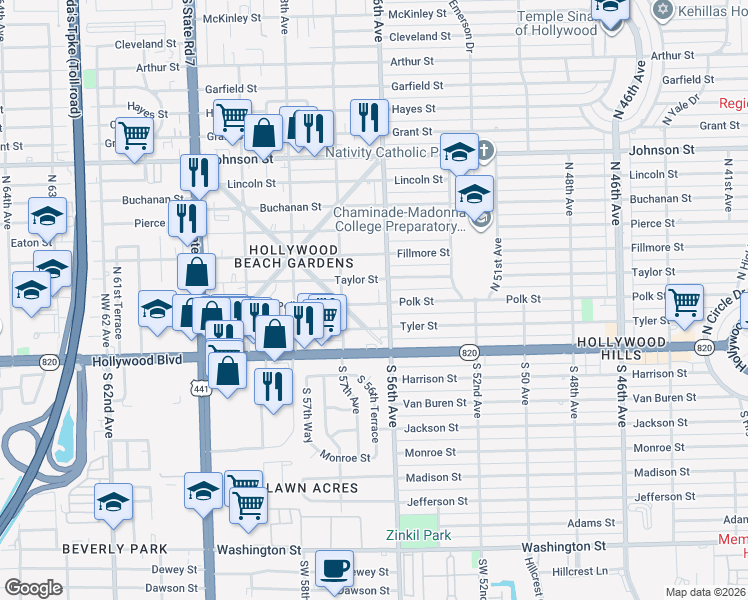 map of restaurants, bars, coffee shops, grocery stores, and more near 5614 Taylor Street in Hollywood