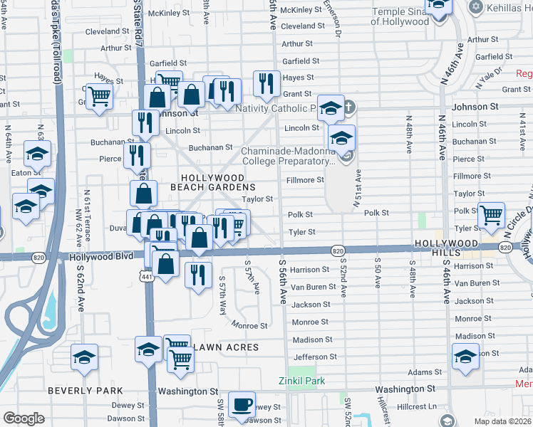 map of restaurants, bars, coffee shops, grocery stores, and more near 5614 Taylor Street in Hollywood