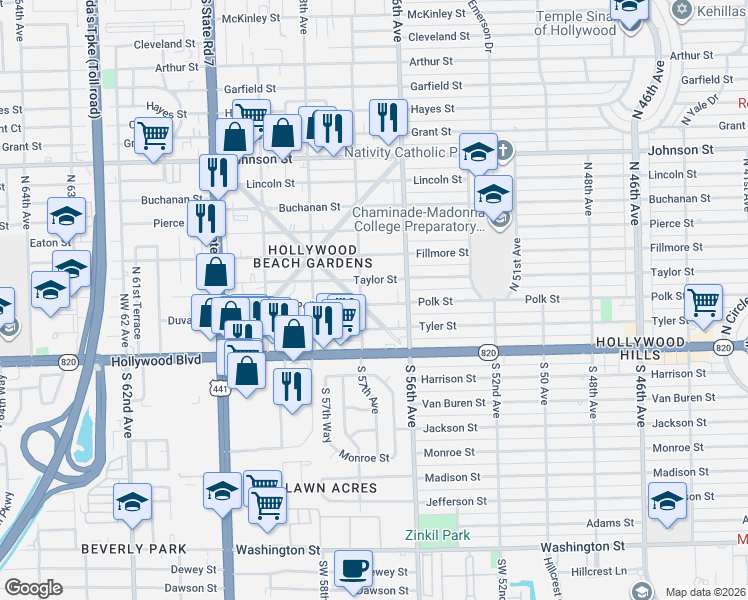 map of restaurants, bars, coffee shops, grocery stores, and more near 5614 Taylor Street in Hollywood