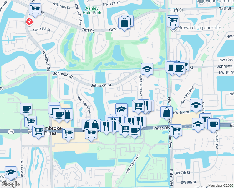 map of restaurants, bars, coffee shops, grocery stores, and more near 10561 Northwest 8th Street in Pembroke Pines