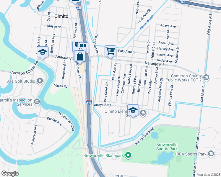 map of restaurants, bars, coffee shops, grocery stores, and more near 6695 Pino Azul Drive in Brownsville