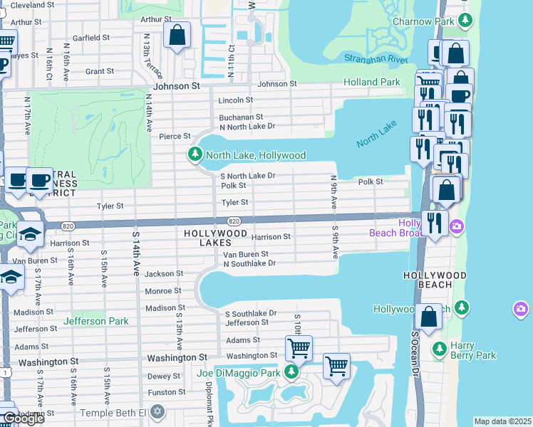 map of restaurants, bars, coffee shops, grocery stores, and more near 1037 Tyler Street in Hollywood