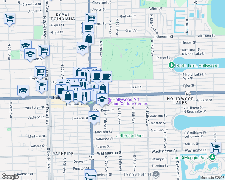 map of restaurants, bars, coffee shops, grocery stores, and more near 1641 Tyler Street in Hollywood
