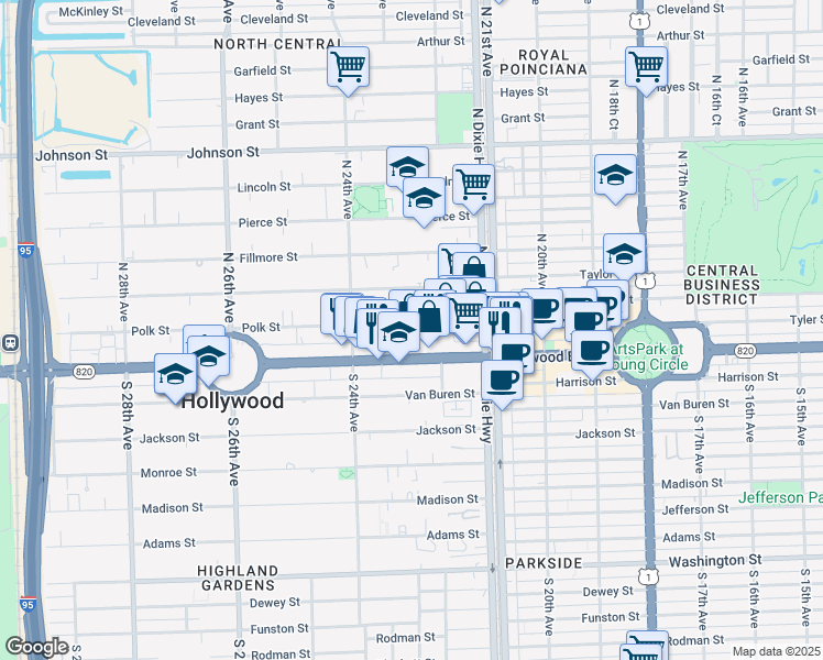map of restaurants, bars, coffee shops, grocery stores, and more near 2235 Polk Street in Hollywood