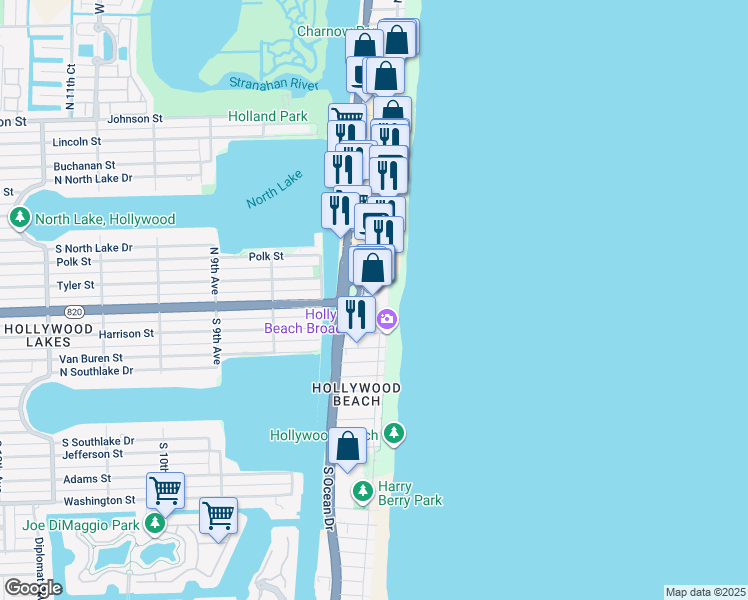 map of restaurants, bars, coffee shops, grocery stores, and more near 101 North Ocean Drive in Hollywood
