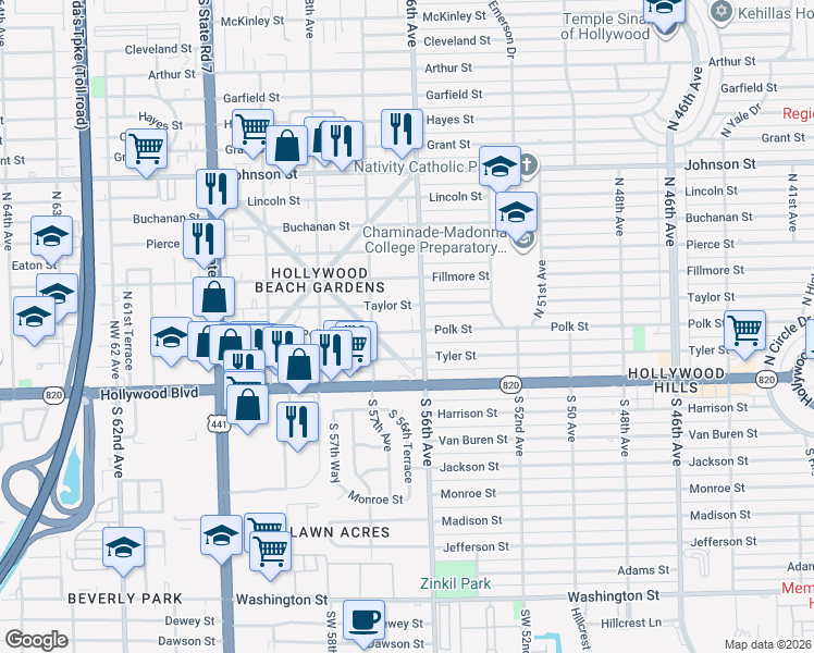 map of restaurants, bars, coffee shops, grocery stores, and more near 5614 Taylor Street in Hollywood